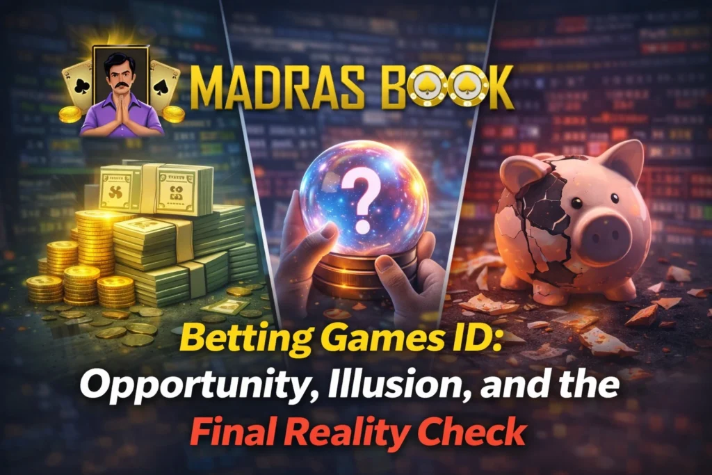 Betting Games ID opportunity vs illusion and reality check concept with Madras Book logo