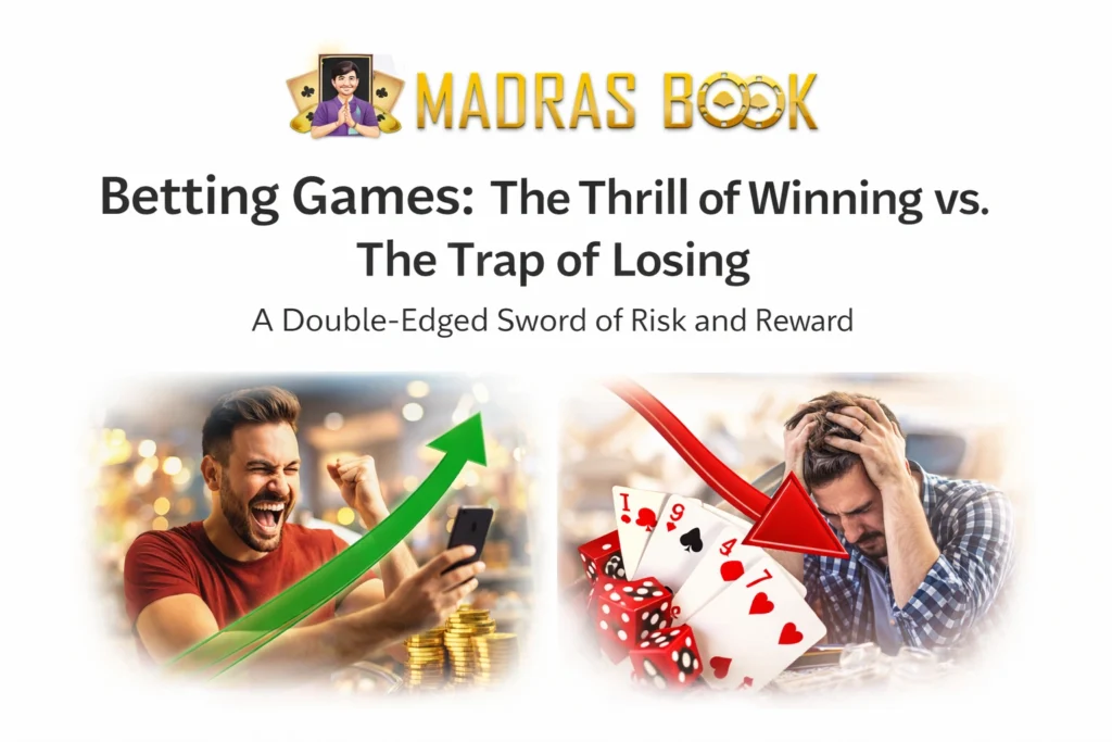 Betting games illustration showing winning excitement vs losing stress with Madras Book logo