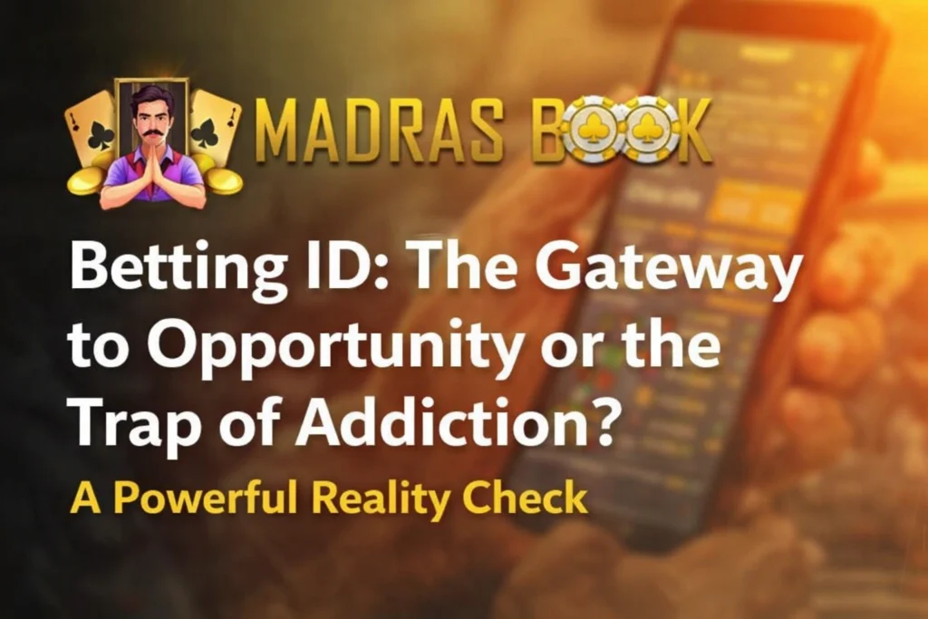 Betting ID opportunity vs addiction concept banner with Madras Book logo and mobile betting interface
