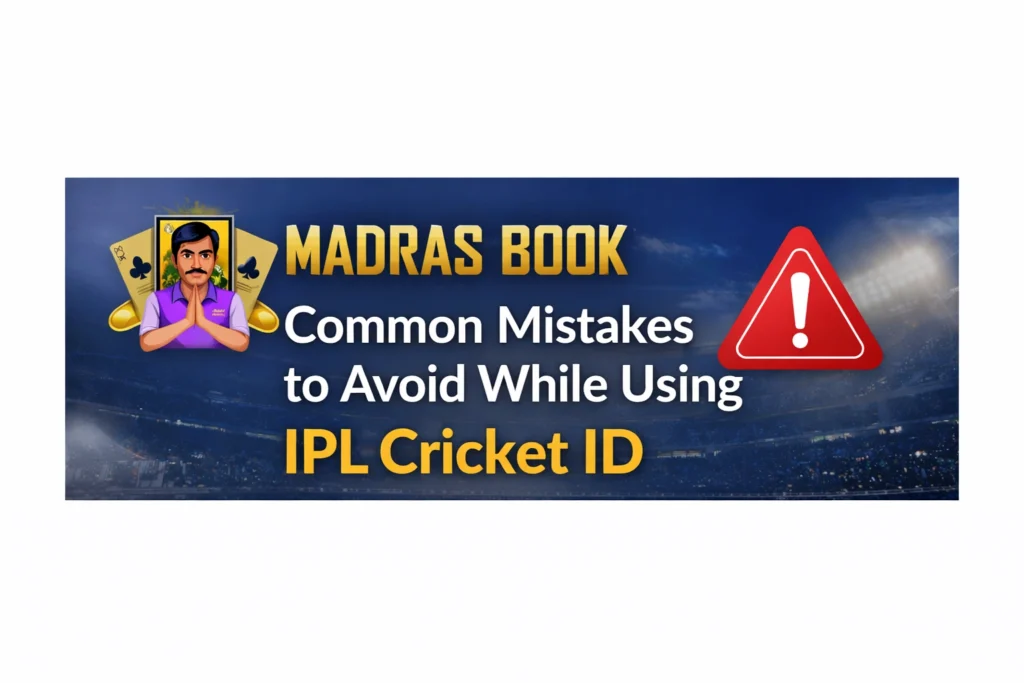 Common mistakes to avoid while using IPL Cricket ID with Madras Book logo and warning symbol