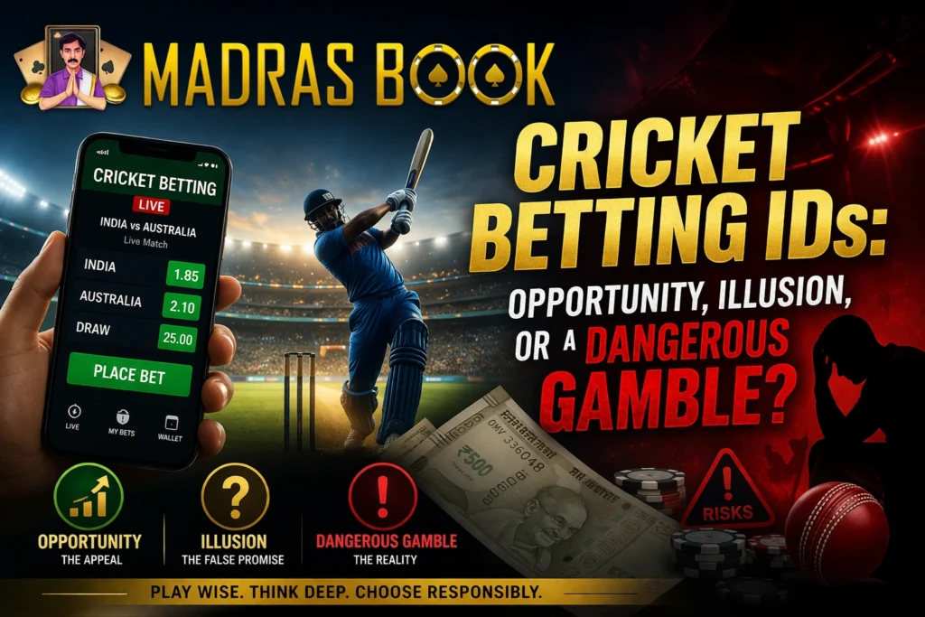 Cricket Betting IDs opportunity illusion or dangerous gamble concept with Madras Book logo