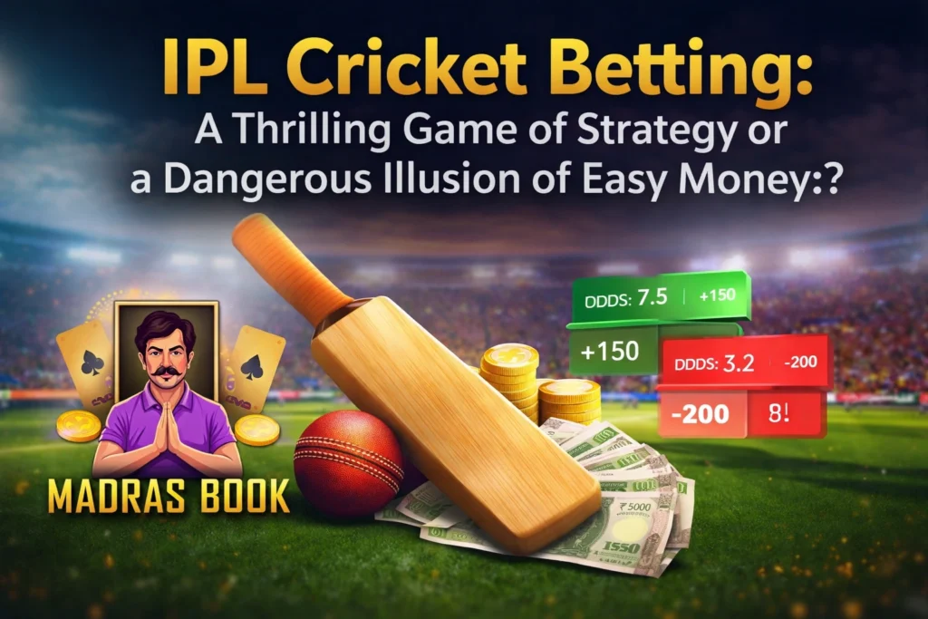 IPL cricket betting concept showing strategy vs risk with cricket bat ball money and Madras Book logo