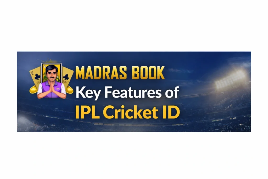Key features of IPL Cricket ID with Madras Book logo showing live updates dashboard and cricket platform tools