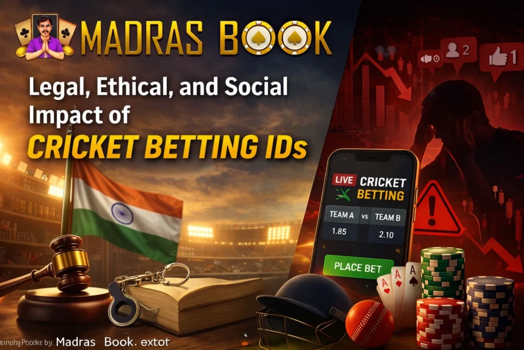 Legal ethical and social impact of cricket betting IDs with Madras Book logo showing risks and consequences