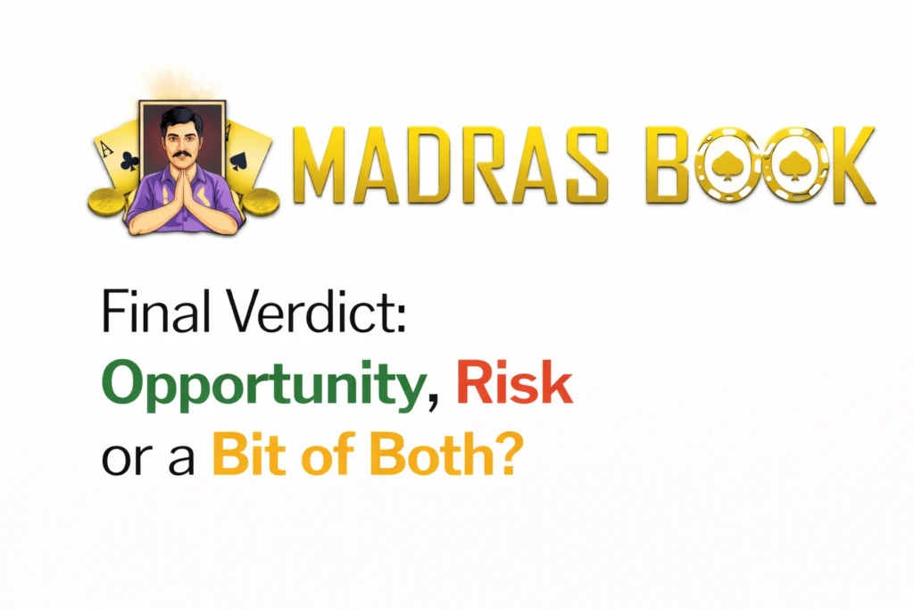 MadrasBook App final verdict showing opportunity risk or both with official logo
