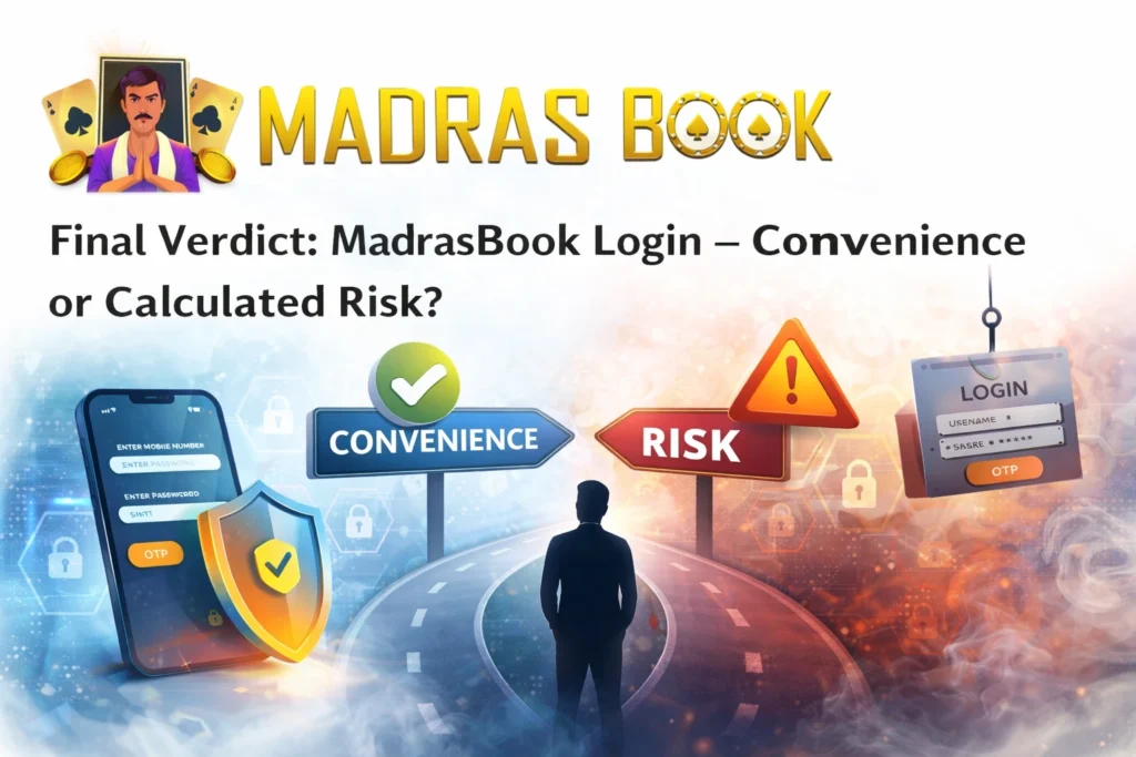 MadrasBook Login final verdict showing convenience vs risk decision with security shield and warning sign