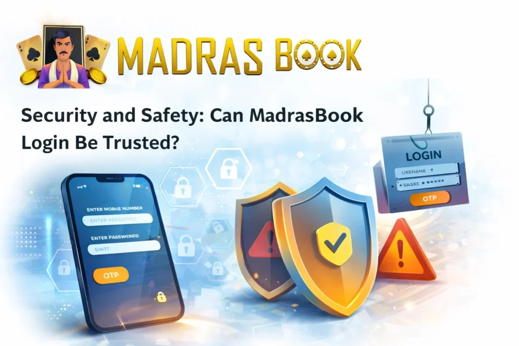 MadrasBook Login security and safety concept with shield, OTP verification, and phishing warning illustration