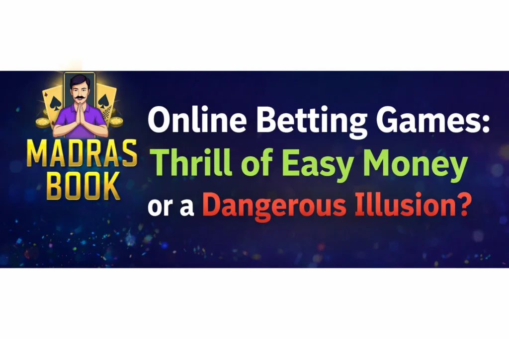 Online Betting Games thrill vs dangerous illusion concept with Madras Book logo