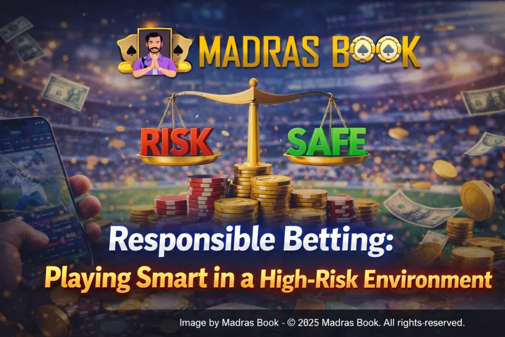 Responsible cricket betting concept showing smart play and risk awareness with Madras Book logo