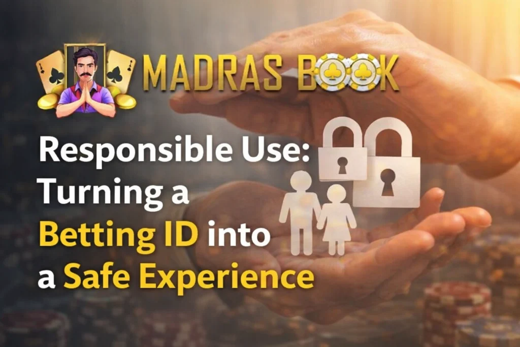 Responsible use of betting ID safe experience banner with Madras Book logo and mobile betting interface