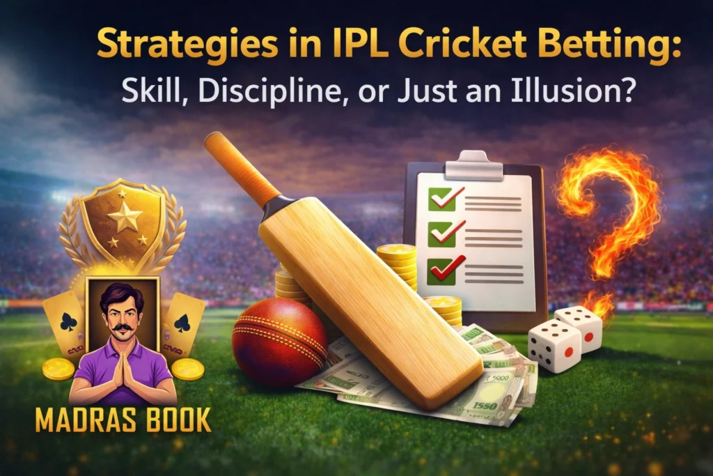 Strategies in IPL cricket betting showing skill discipline illusion concept with cricket bat money checklist and Madras Book logo
