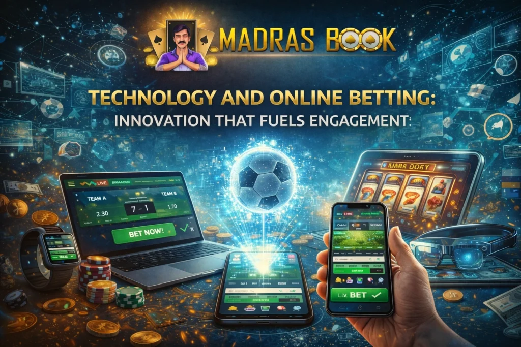 Technology in online betting showing AI, mobile apps, live betting interface, and Madras Book logo