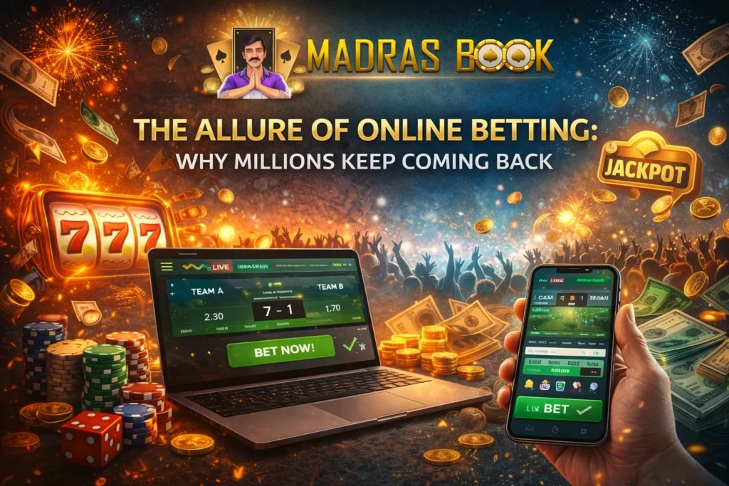 The allure of online betting showing excitement, jackpot, betting apps, money, and Madras Book logo