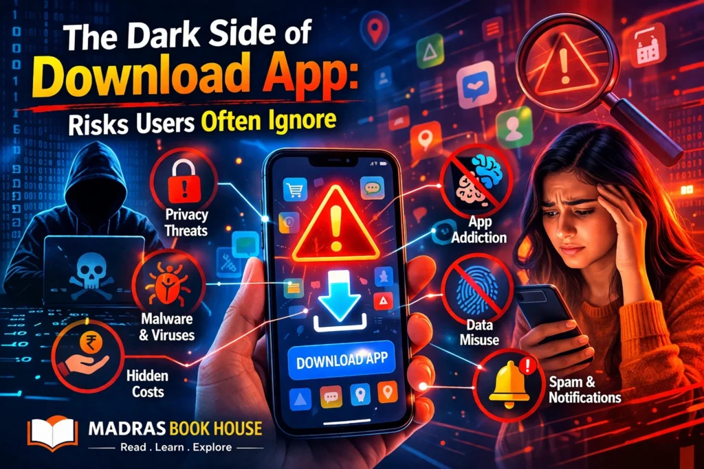 The dark side of download app showing privacy threats malware addiction and data misuse risks illustration
