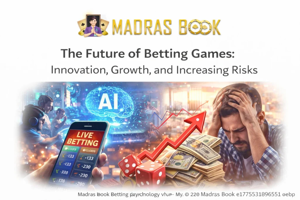 Future of betting games showing AI, live betting, growth trends and risks with Madras Book logo