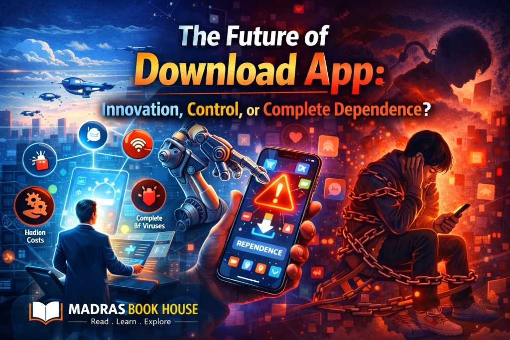 Future of download app showing innovation control and digital dependence with AI technology illustration