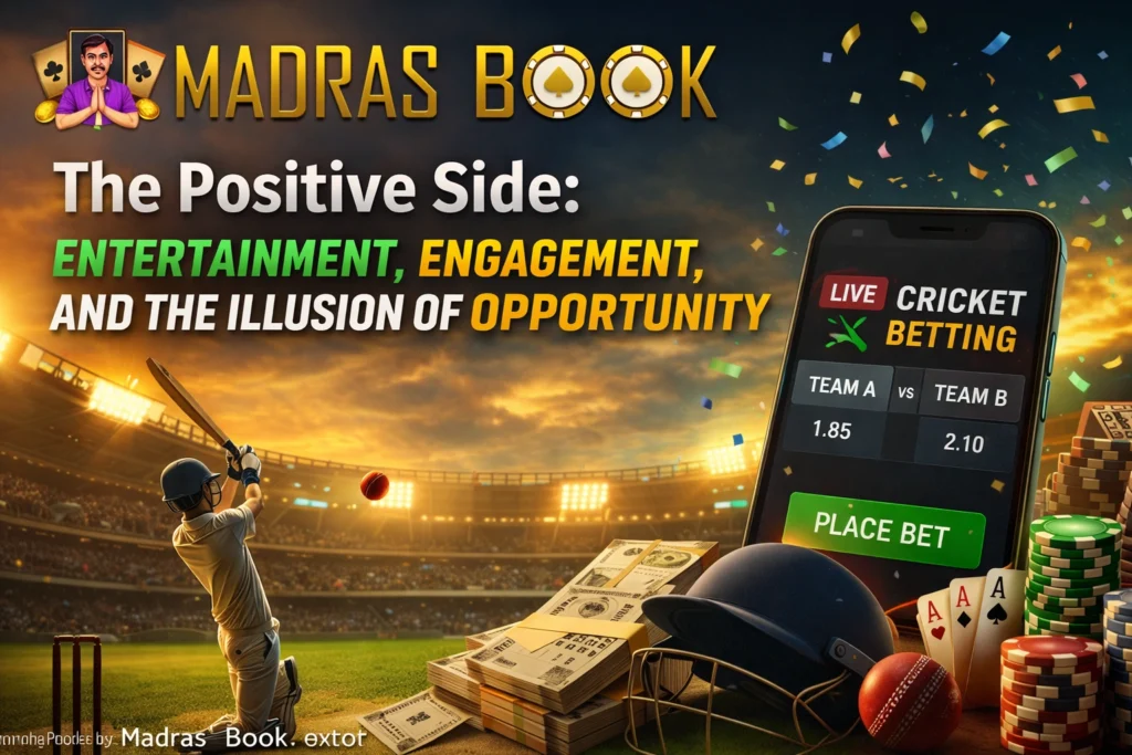 Cricket betting positive side showing entertainment engagement and illusion of opportunity with Madras Book logo