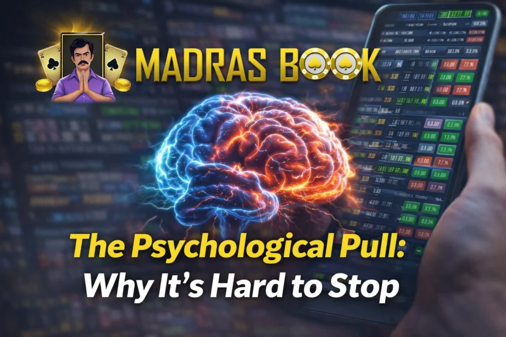 The psychological pull of Betting Games ID showing addiction, emotional control, and risk with Madras Book branding