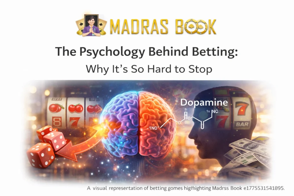 Betting psychology illustration showing brain dopamine effect and gambling addiction with Madras Book logo