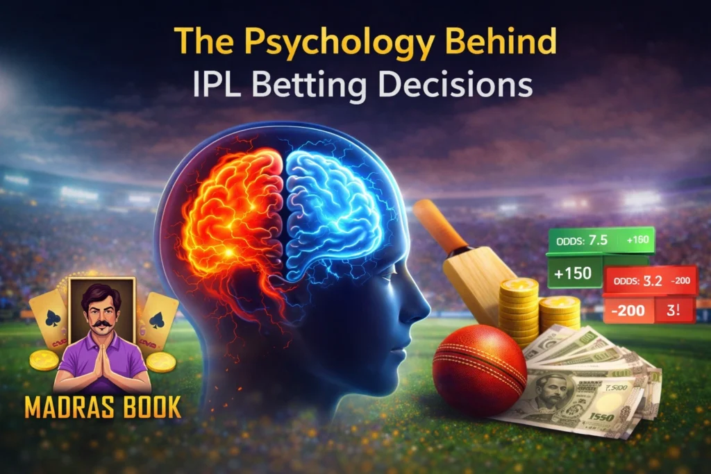 Psychology behind IPL betting decisions showing brain cricket elements betting odds and Madras Book logo