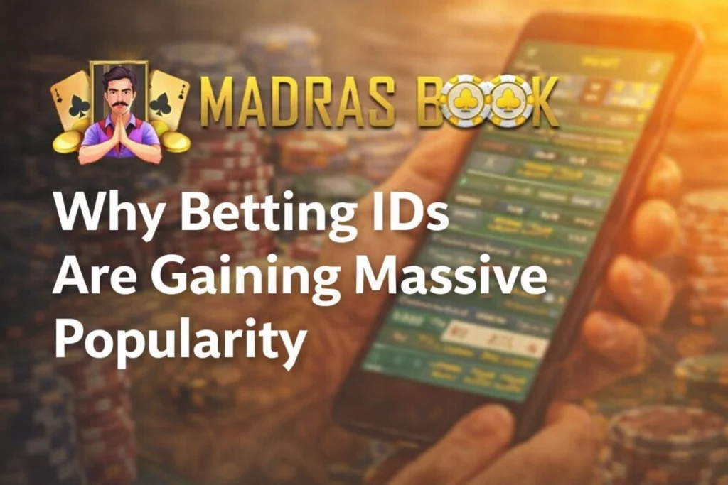 Why betting IDs are gaining massive popularity banner with Madras Book logo and mobile betting app interface